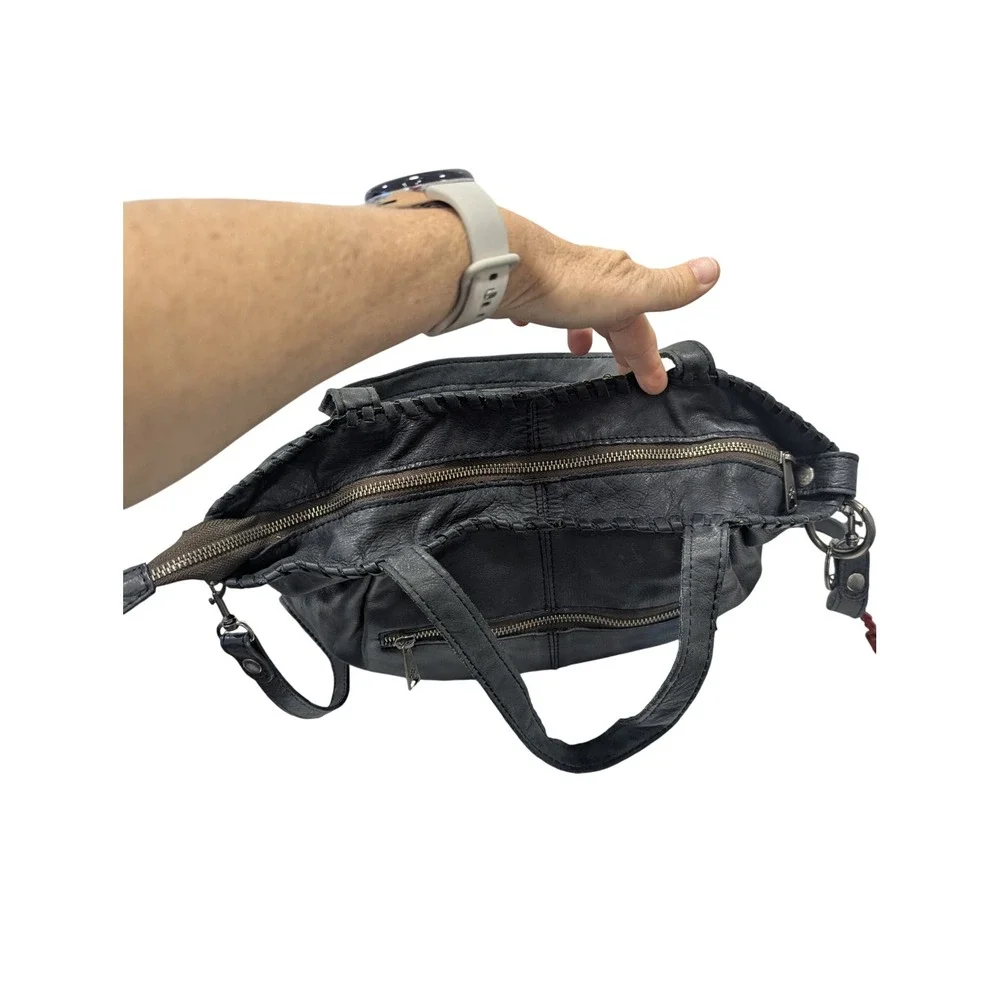 Patricia Nash Black Leather Whipstitch Satchel Crossbody Bag with Feather Charm